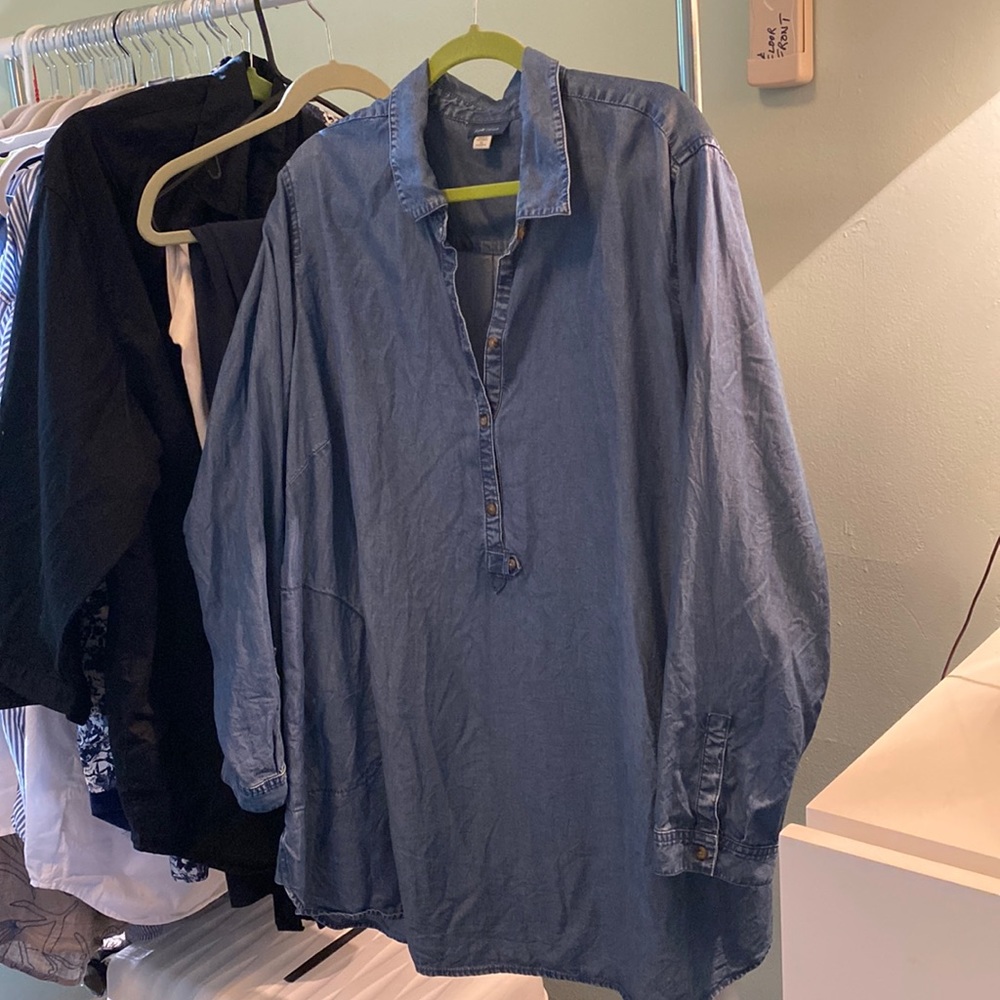 J Jill Denim Tunic Popover Shirt 3X Chambray Long Sleeve Pockets Lightweight